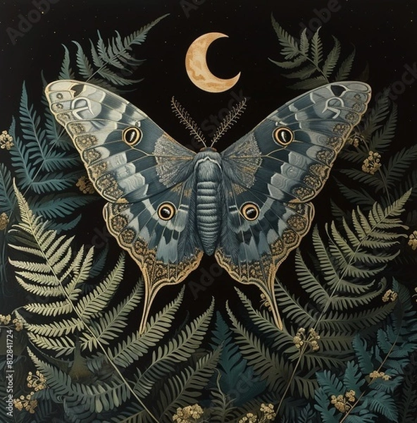 Fototapeta A green Luna moth with outstretched wings rests on a dark background surrounded by colourful flowers and small stars. A crescent moon hovers above it, creating a serene night landscape.