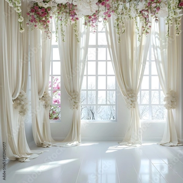 Fototapeta luxurious white room for wedding background with bouquet flora generative AI