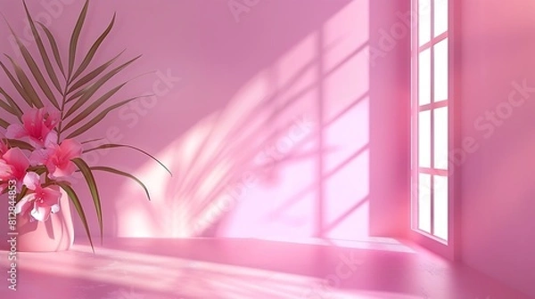 Obraz Abstract pink color gradient studio background for product presentation Empty room with shadows of window and flowers and palm leaves  3d room with copy space Summer concert Blurred ba : Generative AI