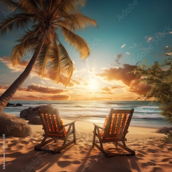 Fototapeta Wooden chairs are placed on the beach with the background of the beautiful sea in the evening.