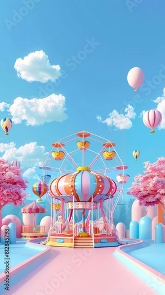 Fototapeta 3D cartoon C4D style background: amusement park