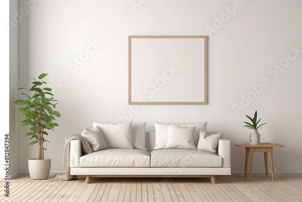 Fototapeta Living room with a black and white framed picture on the wall. The room is sparsely decorated.