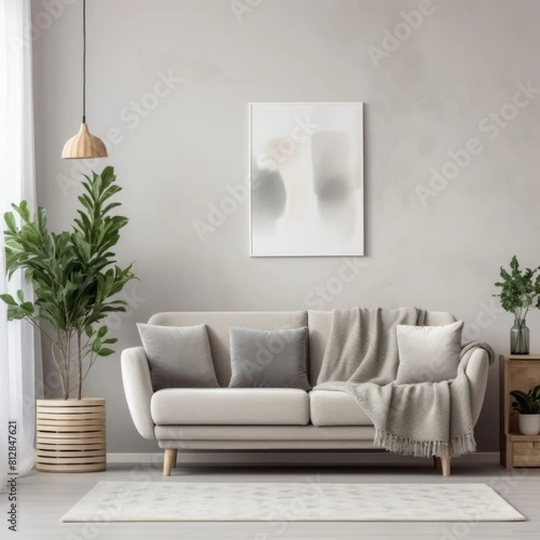 Fototapeta Living room with a black and white framed picture on the wall. The room is sparsely decorated.