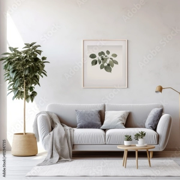 Fototapeta Living room with a black and white framed picture on the wall. The room is sparsely decorated.