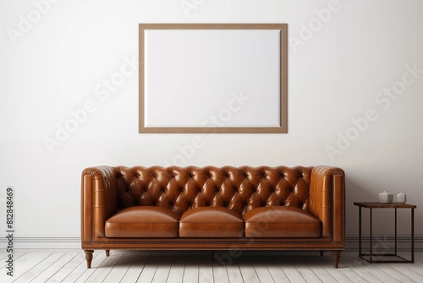 Fototapeta Living room with a black and white framed picture on the wall. The room is sparsely decorated.