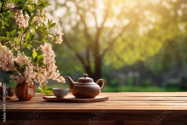 Fototapeta Teapot and glass on a wooden table, Tea background.