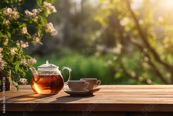 Fototapeta Teapot and glass on a wooden table, Tea background.