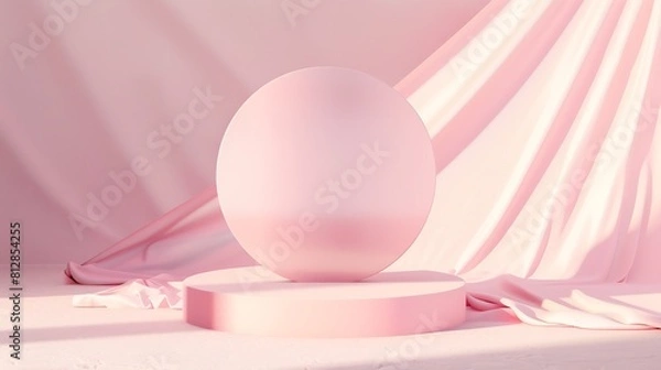 Fototapeta Elegant pastel pink circle single podium mockup in sunlight with shadow on soft light sunny background copy space Template scene for advertising presentation cosmetic product or goods  : Generative AI