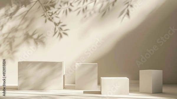 Fototapeta Abstract minimal nature scene  empty stage with three white rectangle podiums on beige background and shadows of pine tree Pedestal for cosmetic product and packaging mockups display p : Generative AI