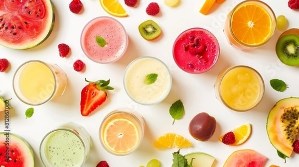 Fototapeta Creative layout made of smoothies and fruits around Flat lay Food concept Smoothies on the white background with watermelon strawberries apricot orange raspberry dragonfruit and grapef : Generative AI