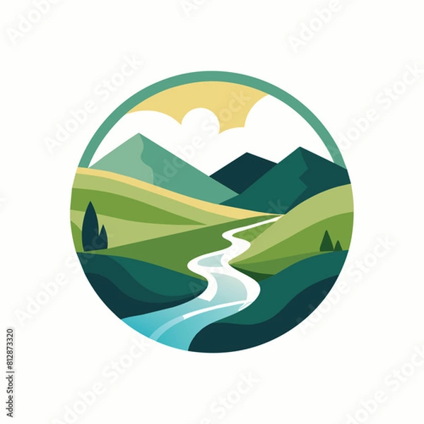 Fototapeta River flows through lush countryside with rolling hills, vibrant greenery, and clear skies, A serene landscape with rolling hills and a calm river, minimalist logo