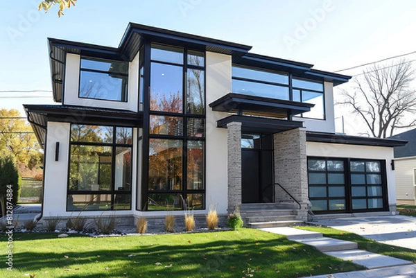 Fototapeta modern luxury home with expansive glass windows and sleek black trim in a suburban setting