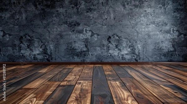 Fototapeta The image is a dark, grungy room with a wooden floor and a concrete wall.