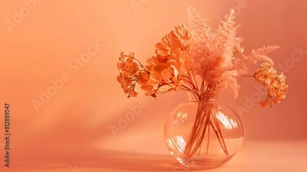 Obraz Peach fuzz is the color of the year 2024 Frame glass vase and dry flowers toned in fashion blended pinkorange trendsetting colour of year Peach Fuzz : Generative AI