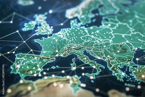 Fototapeta Digital Map of Europe with Global Network Connections,Global Network Overlay on European Digital Map