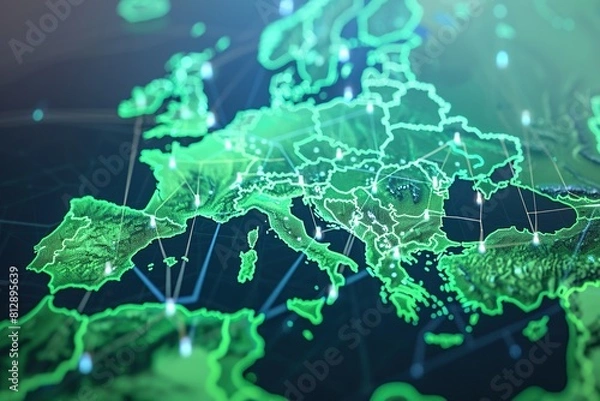 Fototapeta Digital Map of Europe with Global Network Connections,Global Network Overlay on European Digital Map
