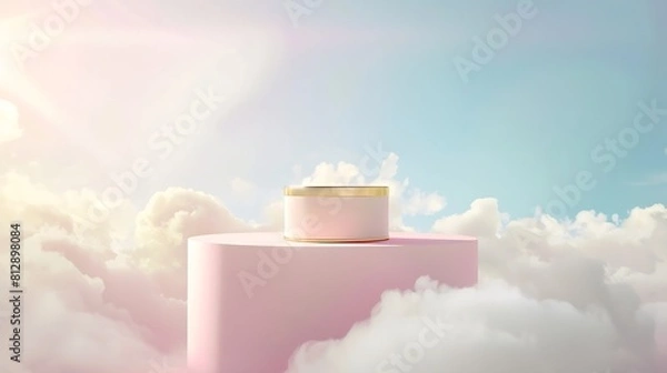 Fototapeta Surreal podium outdoor on blue sky pink gold pastel soft clouds with spaceBeauty cosmetic product placement pedestal present promotion minimal displaysummer paradise dreamy concept : Generative AI