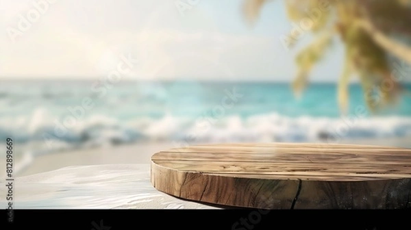Fototapeta Wooden pedestal of free space for your decoration and summer landscape of beach : Generative AI