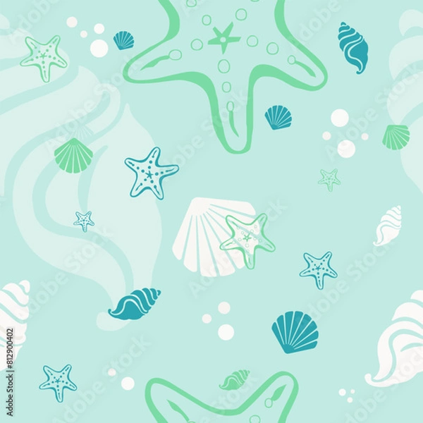 Fototapeta Beach shells and stars seamless pattern. Summer holidays background.