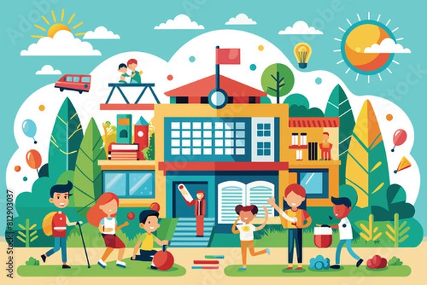 Fototapeta Diverse group of individuals gathered in front of a modern building, with varied expressions and attire, Back to school Customizable Flat Illustration