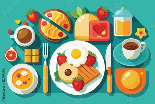 Fototapeta A plate filled with breakfast food items, such as eggs, bacon, toast, and coffee, placed on a wooden table, Breakfast food Customizable Flat Illustration