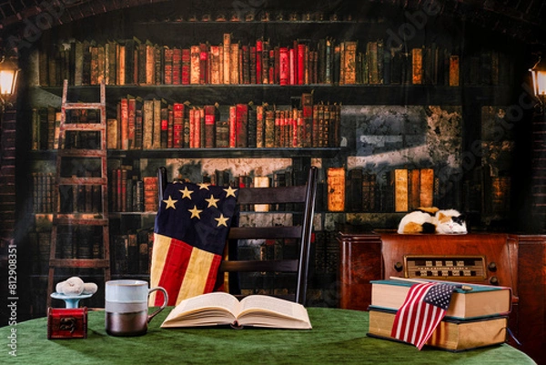 Obraz Old radio and American flag draped over chair with retro looking library background