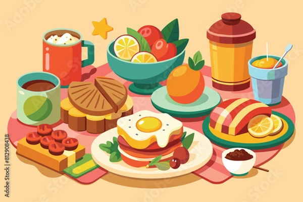Fototapeta Various dishes of food arranged on a table for a brunch setting, Brunch food Customizable Disproportionate Illustration