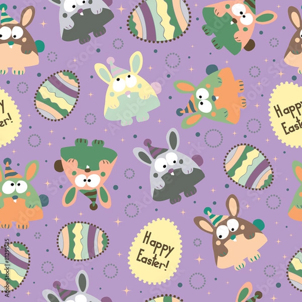 Fototapeta Seamless pattern with Easter eggs and bunnies.