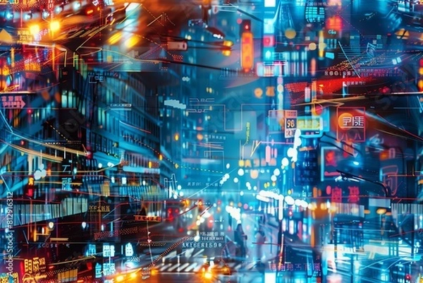 Fototapeta Capture a panoramic view of a bustling metropolis merging futuristic technologies with the fluidity of impressionism, using vibrant hues and dynamic brushstrokes