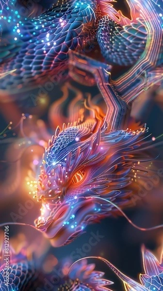 Fototapeta Capture a mesmerizing close-up of a majestic dragon intertwined with holographic circuits, highlighting intricate scales reflecting neon lights