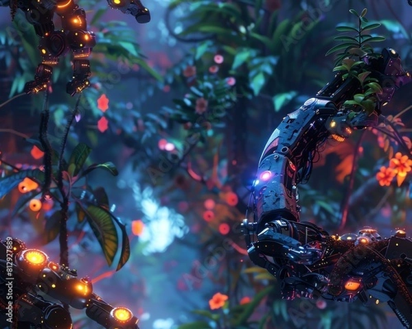 Obraz Capture a robotic arm soaring above a lush jungle, framing a neon-painted toucan from below, blending realistic details with dreamlike hues in CG 3D