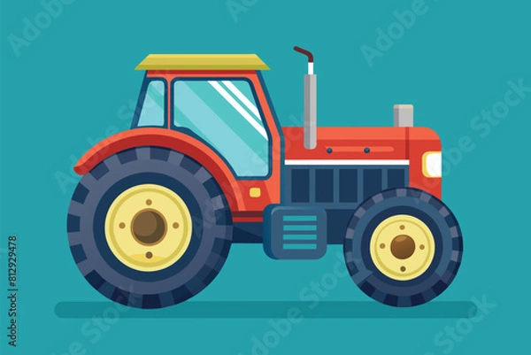 Fototapeta A red farm tractor working on blue soil, Farm tractor Customizable Semi Flat Illustration