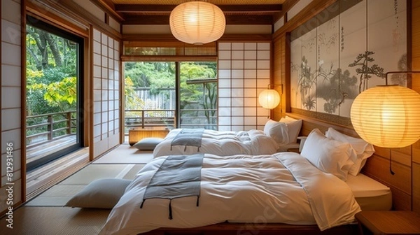 Obraz Traditional Japanese inn ryokan room with futons laid out, rice paper lanterns, and wood paneling