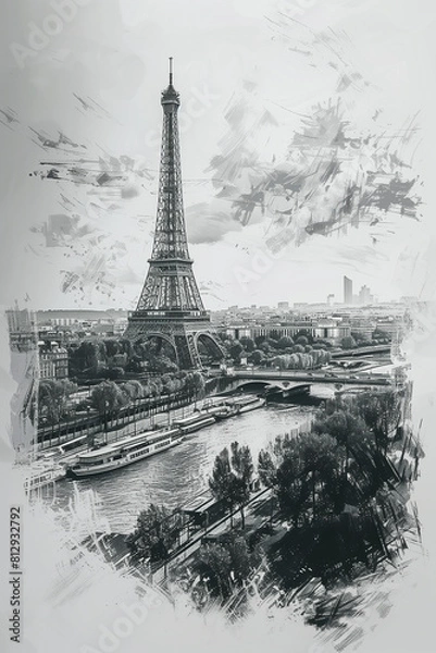 Fototapeta Sketch of a view of the Eiffel Tower in Paris.