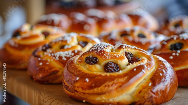Fototapeta Delectable swedish kanelbullar showcased, highlighting golden-brown cinnamon rolls topped with coarse sugar and adorned with raisins