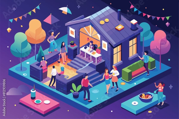 Fototapeta A diverse group of individuals standing together in front of a residential house, House party Customizable Isometric Illustration