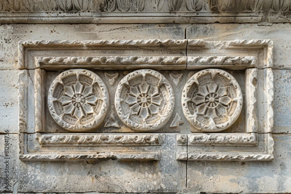 Fototapeta Close-up of finely crafted stone masonry with granite, limestone, and sandstone in intricate patterns and designs.. AI generated.