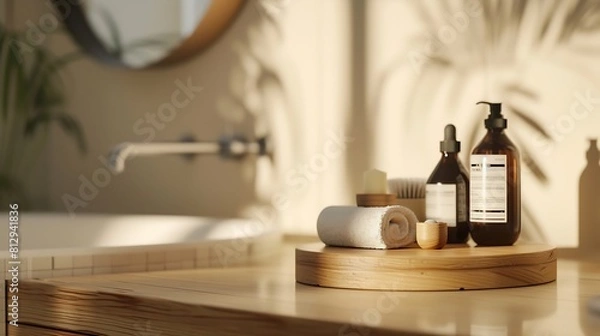 Fototapeta Wooden podium for bathing and spa products in defocused bathroom : Generative AI