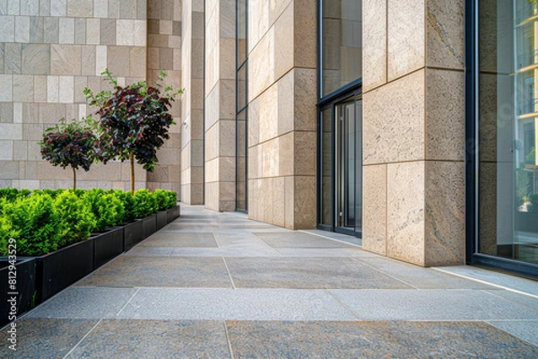 Fototapeta Elegant urban building with a facade composed of polished granite, limestone, and sandstone, reflecting modern stone architecture.. AI generated.
