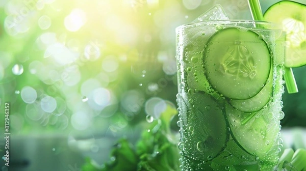 Fototapeta Green detox juice, celery and cucumber visible, soft natural lighting, closeup, refreshing vibe