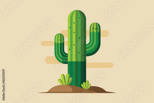Fototapeta A green saguaro cactus stands tall in a dirt field under the sun, Saguaro cactus Customizable Disproportionate Illustration