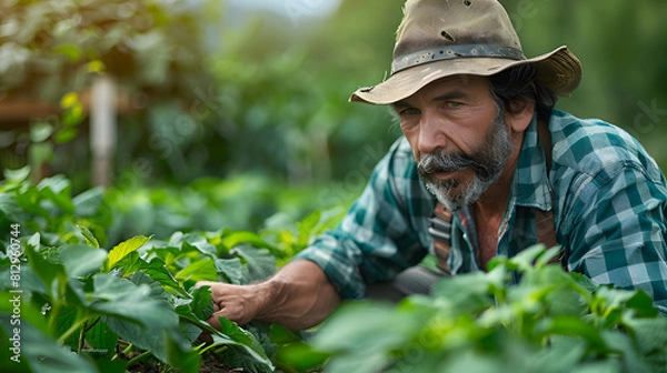 Fototapeta Close-up image of a focused mature farmer with a hat, examining young plants in his lush, green garden, symbolizing dedication to organic farming