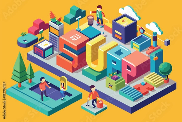 Fototapeta Diverse group of individuals standing around a vibrant, colorful object in a social gathering, Sup Customizable Isometric Illustration