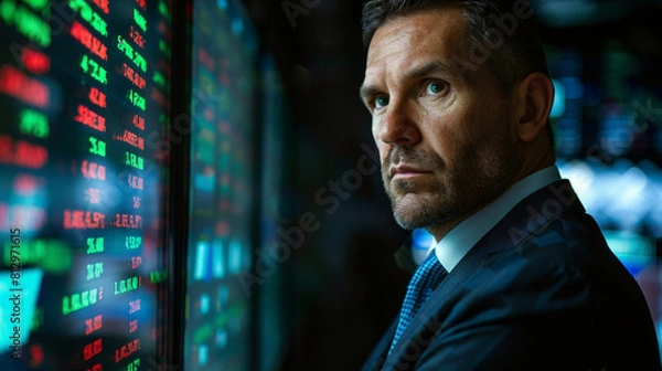 Obraz Confident male stock trader analyzing financial data displayed on multiple screens in a dark trading room.