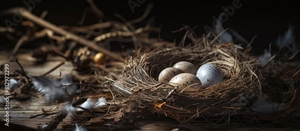 Fototapeta Abandoned nest with empty eggshells creating a distinctive copy space image
