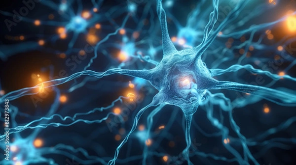 Obraz Close-up of glowing brain neurons. Neural network of the brain, neural activity. Neurology, science and research. Brain function, learning and cognition concepts.