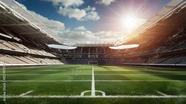 Fototapeta universal grass stadium illuminated by spotlights and empty green grass playground, grand sport building digital 3D background advertisement background illustration 
