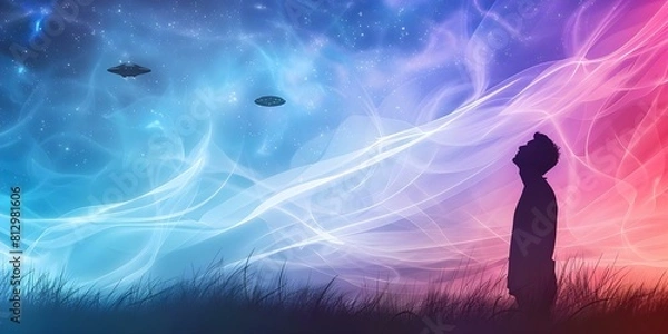 Fototapeta Man's silhouette against a giant UFO backdrop created with neural network technology. Concept Artificial Intelligence, Sci-Fi, Surrealism, Silhouette Photography, Futuristic Concepts