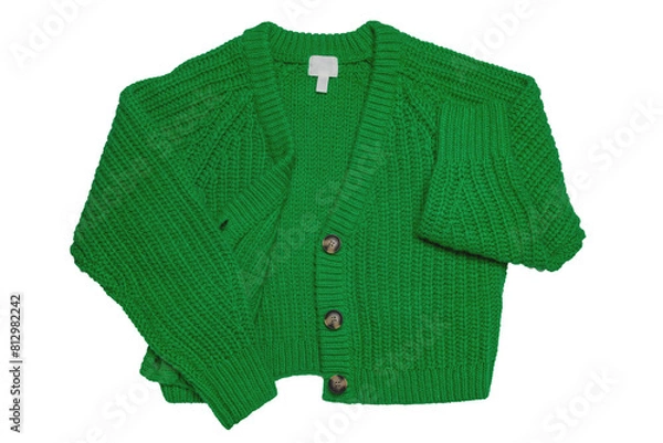 Obraz Casual elegant fluffy long-sleeved cardigan with V-neck and button closure isolated on a white background. Womens green sweater or jumper. Autumn and winter fashion.