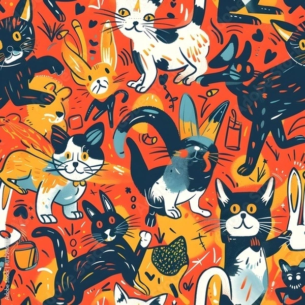 Fototapeta Playful Sgraffito Style Cartoon Animal Pattern in Vibrant Saturated Color Palette with Dynamic Poses and Imaginative Compositions